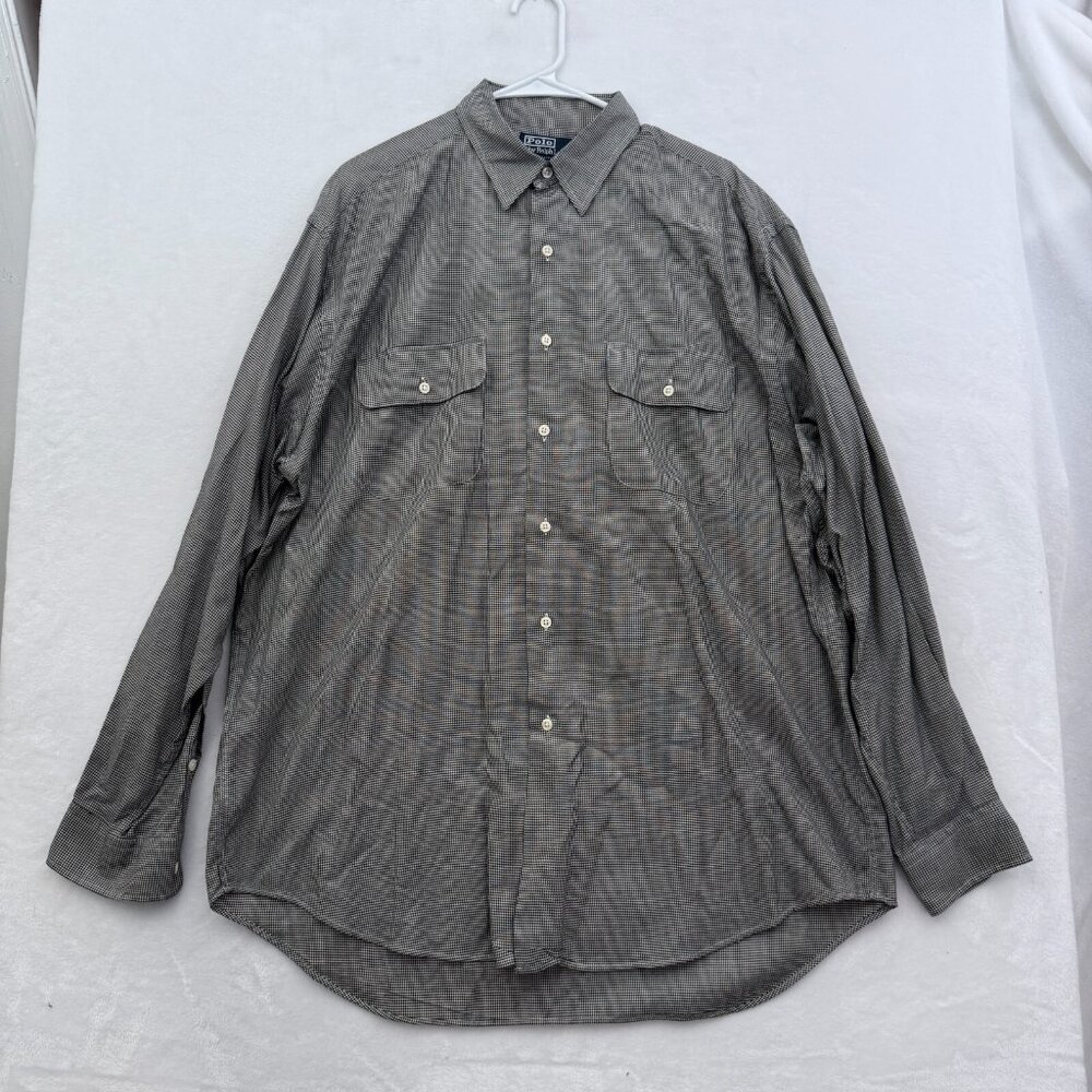 Polo Ralph Lauren Benford Shirt Mens L Gray Houndstooth Plaid Pocket Button Up